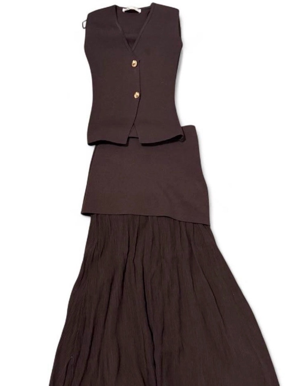 Zara Brown Two-Piece Skirt Set with Pleated Maxi